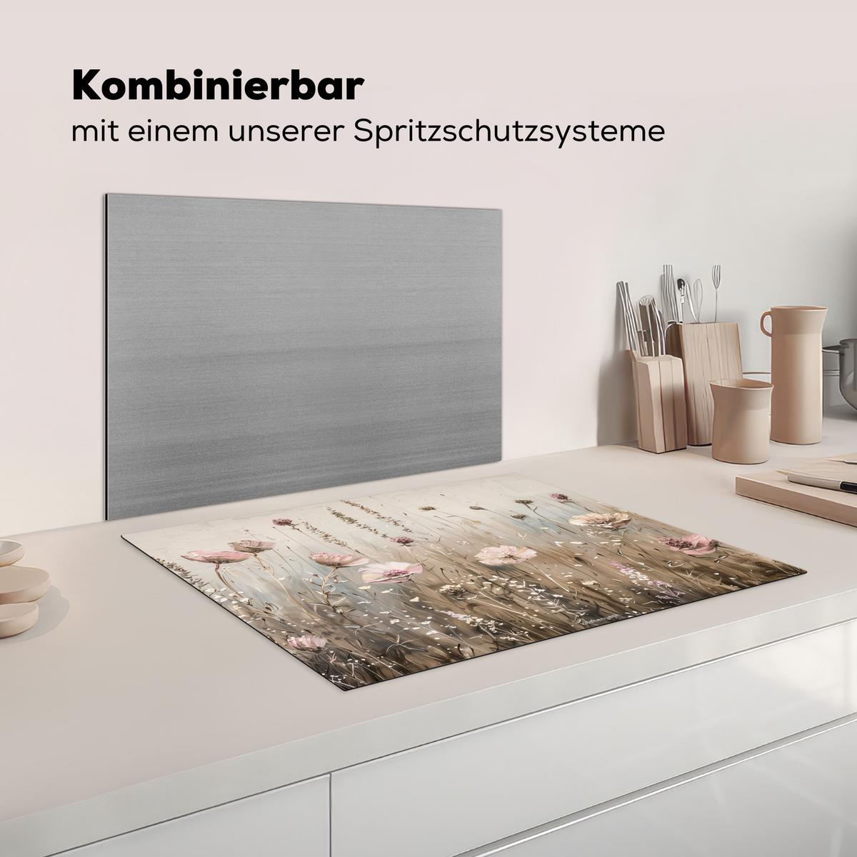 HERDABDECKPLATTE Blumen - Beige - Trockenblumen Herdabdeckung Induktionsfeld 70x52 cm - Beige, Kunststoff (70/52/0.2cm) - MuchoWow