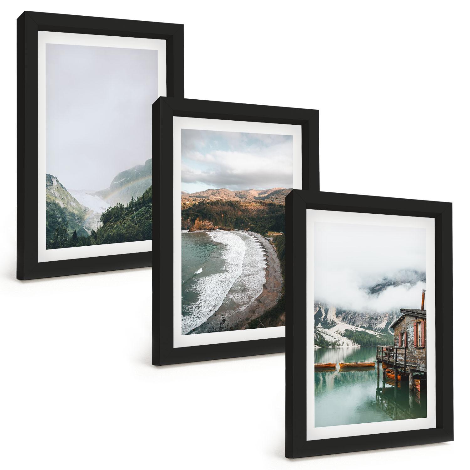 BILDER SET 3er Set - 20x30 cm Schwarzer Rahmen - Berge, Strand, Wolken, Wasser - Schwarz, Kunststoff (20/30cm) - TULUP
