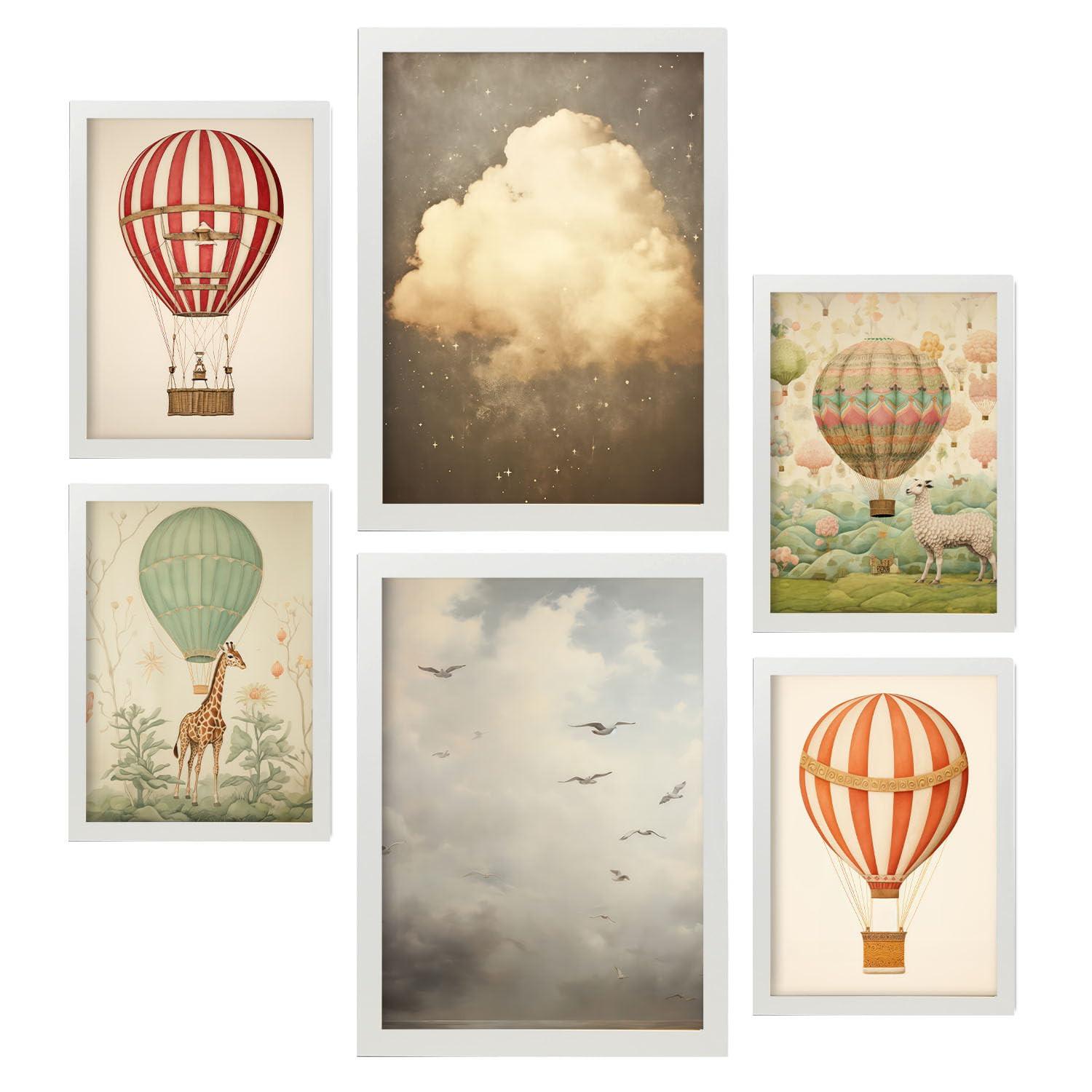 POSTER Set Mit 6 Himmelsballons A3 & A4 Weißer Rahmen - Weiß, Papier (29/3cm) - Nacnic