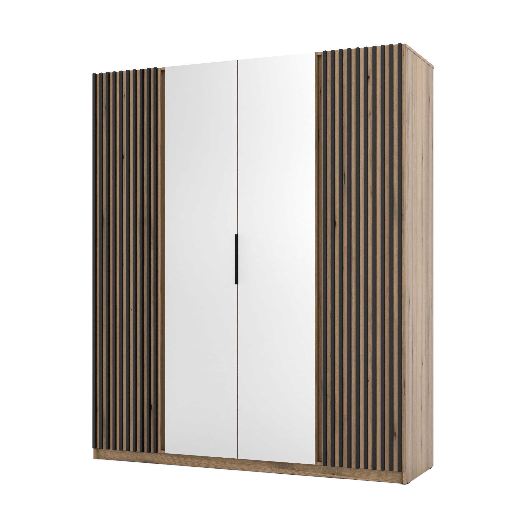KLEIDERSCHRANK Nehir Korpus Eiche Evoke, Front Eiche Evoke/Schwarz 200 cm - 4T Modern mit Lamellentüren außen und Spiegeln mittig - Eichefarben, Holzwerkstoff/Kunststoff (200/239/61.9cm) - AX Living