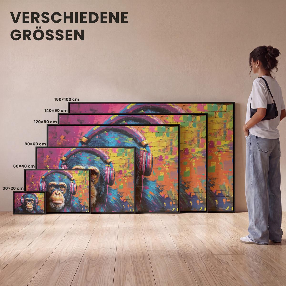 LEINWAND Bilder mit Rahmen - Graffiti - Schimpanse - Straßenkunst - Kopfhörer - Affe - 90x60 - Blau, Textil (90/60cm) - MuchoWow