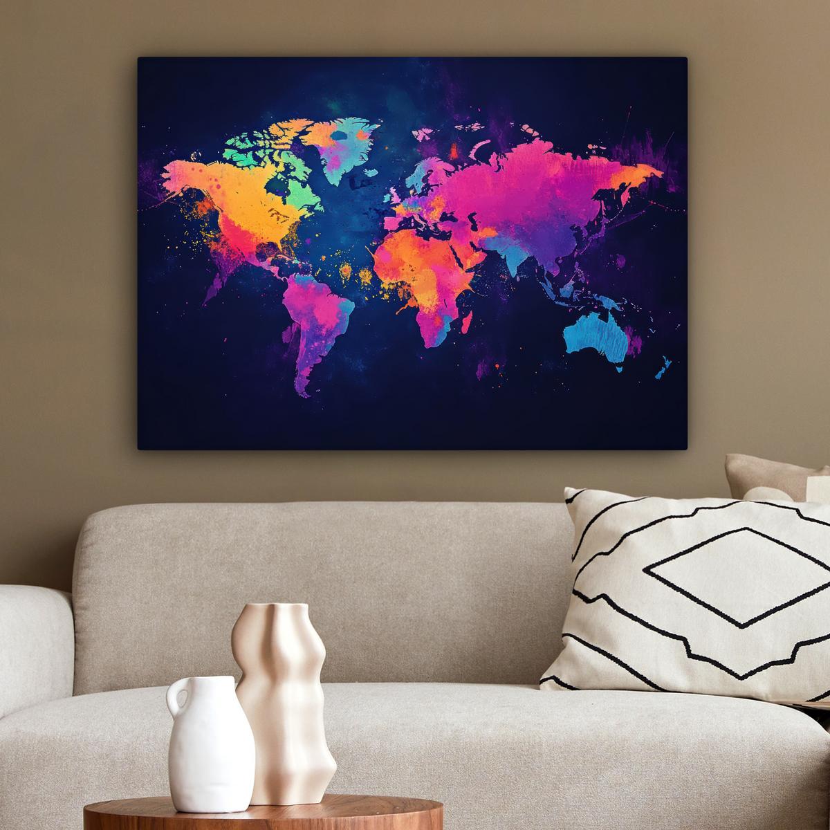 LEINWANDBILD Weltkarte - Bunt - Graffiti Wandbilder 80x60 cm - Multicolor, Textil (80/60cm) - MuchoWow