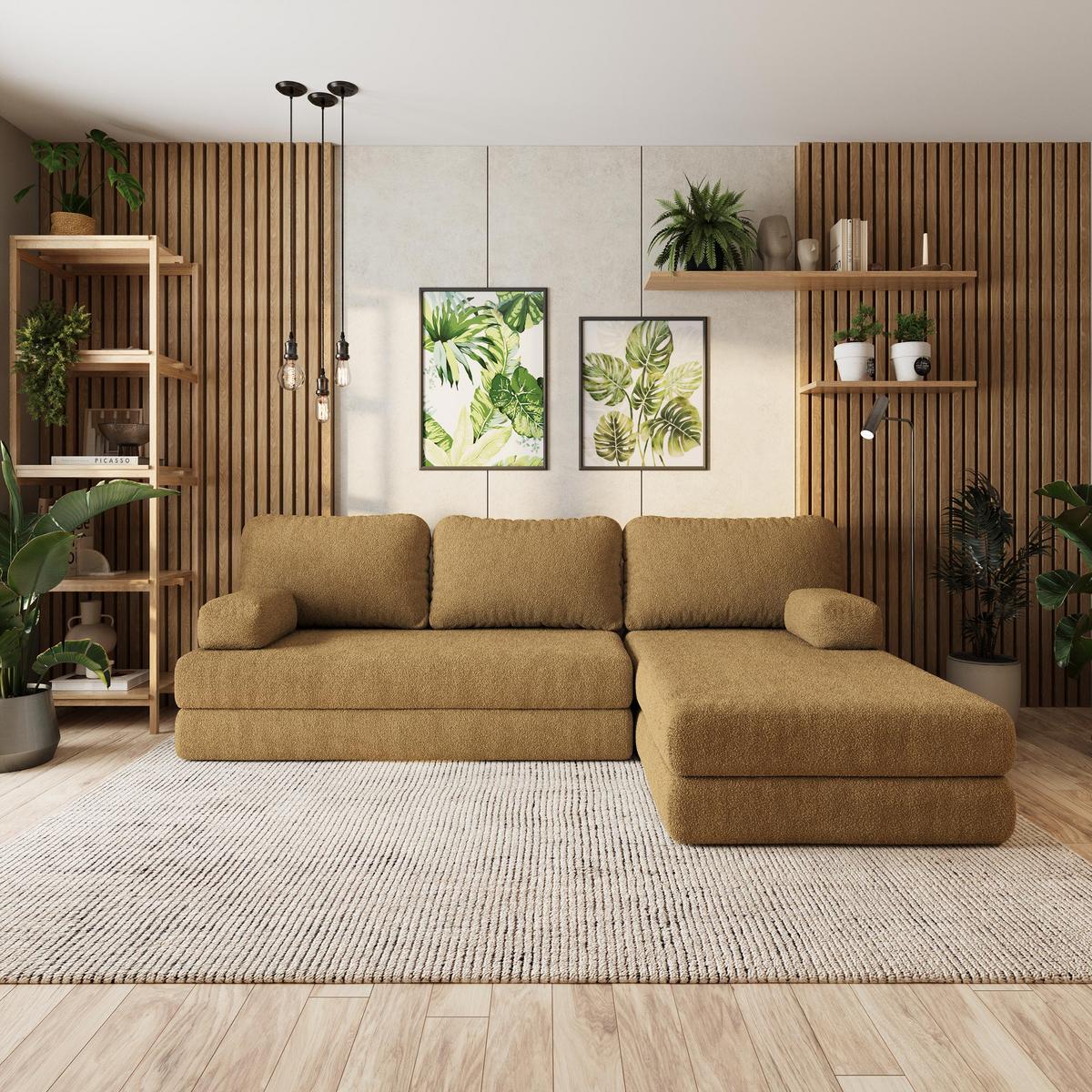 ECKSOFA LEA modulares Boneless Sofa mit Schlaffunktion Orange Boucle-Stoff - Gelb, Textil (270/160cm) - MASSENO