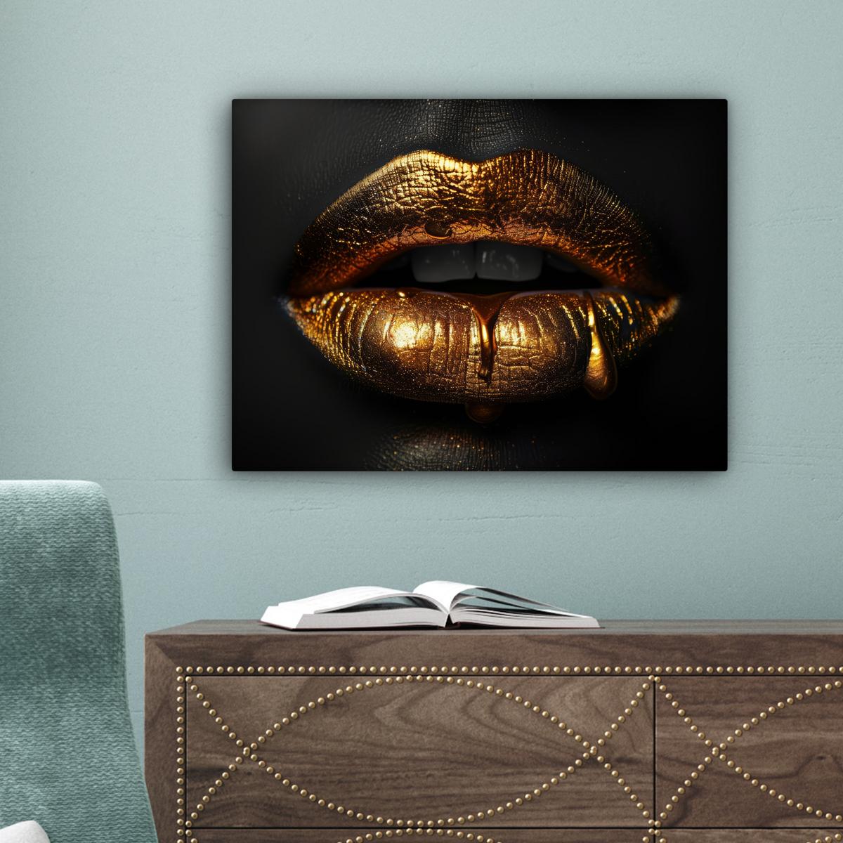 LEINWANDBILD Frau - Porträt - Lippen - Gold - Schwarz Wandbild 40x30 cm - Schwarz, Textil (40/30cm) - MuchoWow