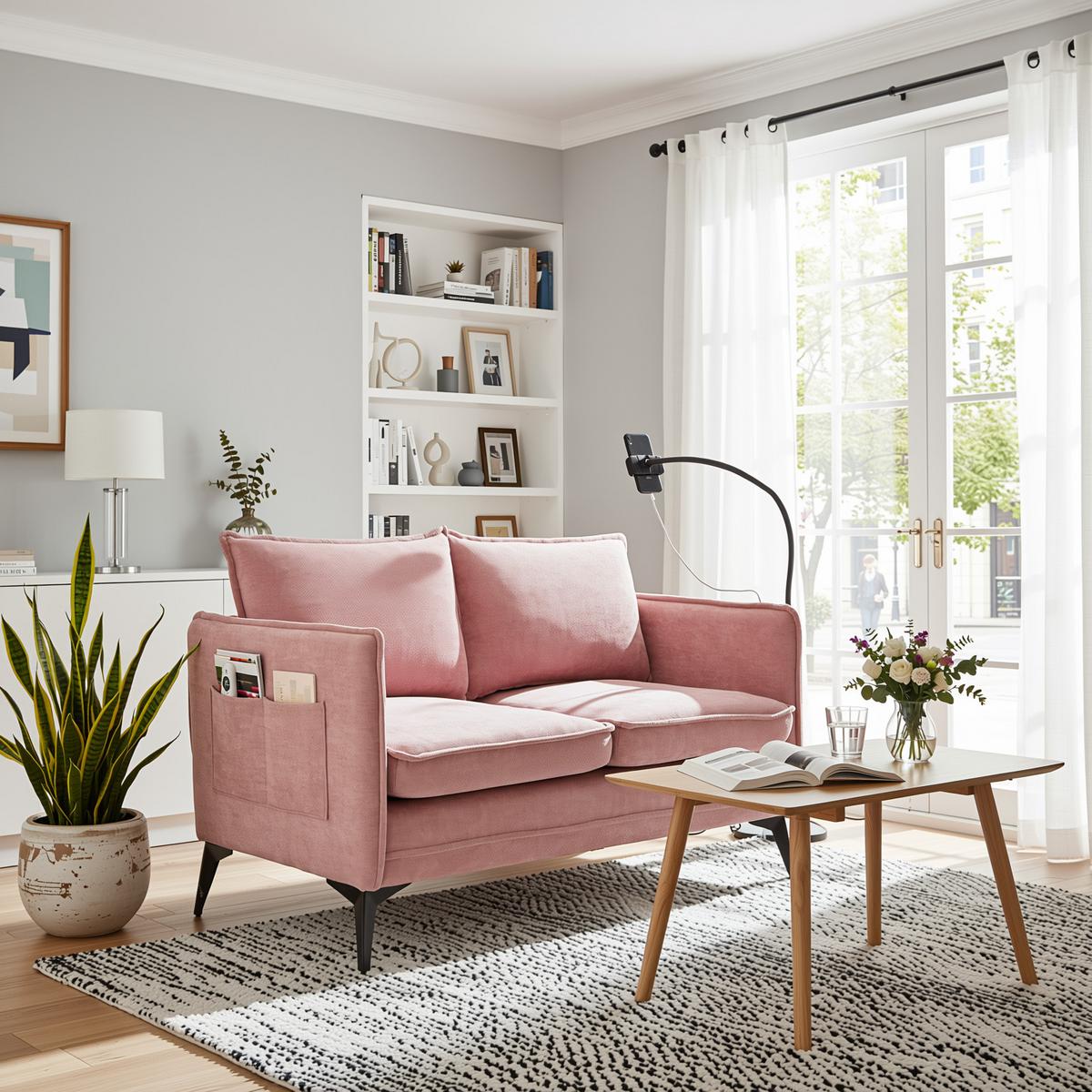 2-SITZER SOFA Chenille Mit Handy-Halter & Seitentaschen - Pink, Textil (127/66/69cm) - Urban Meuble