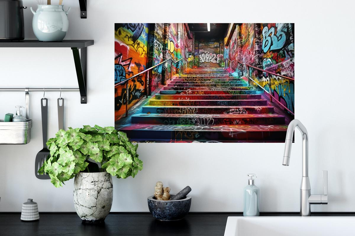 WANDTATTOO Treppe - Graffiti - Farben - Kunst Deko Wohnzimmer 60x40 cm - Multicolor, Kunststoff (60/40/0.1cm) - MuchoWow