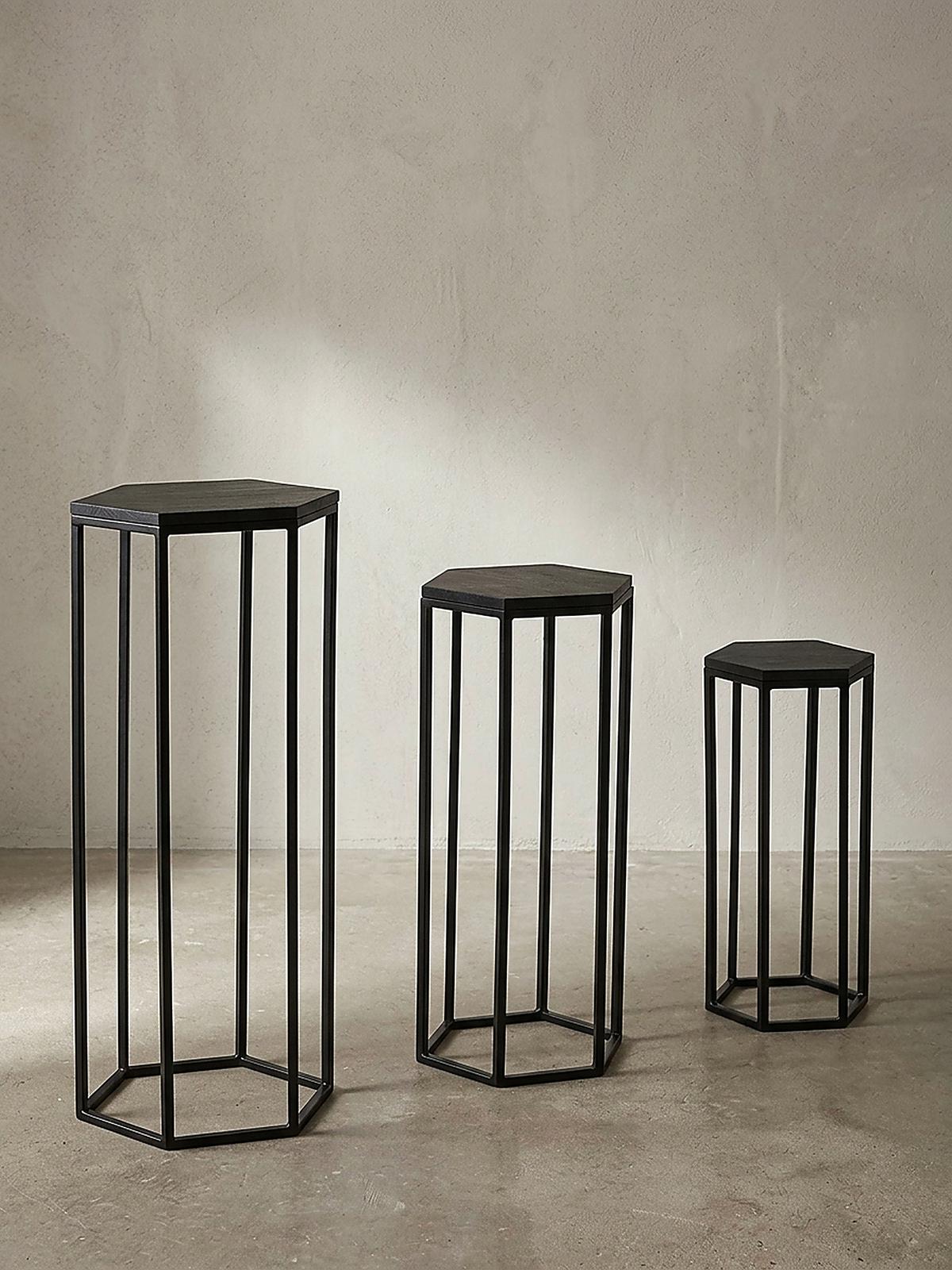 BEISTELLTISCHE 3er Set Massivholz und Metall in Hexagon-Form - Schwarz, Holz/Metall (35/35/90cm) - KADIMA DESIGN