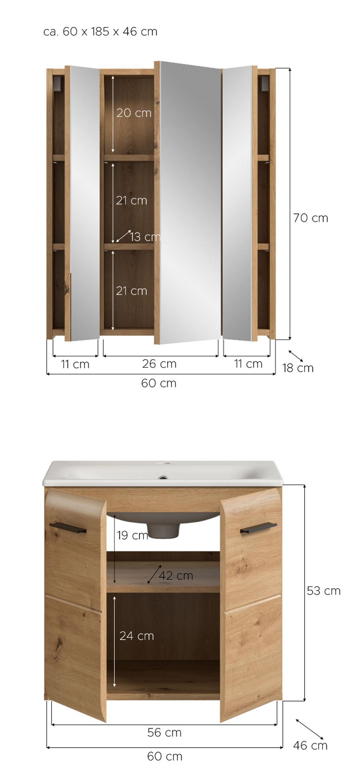 BADMÖBEL-SET 2-teilig in Artisan Eiche, Badkombination 60 x 185 cm, Cover - Schwarz/Eiche Artisan, Glas/Keramik (65/185/30cm) - Inn.Furn