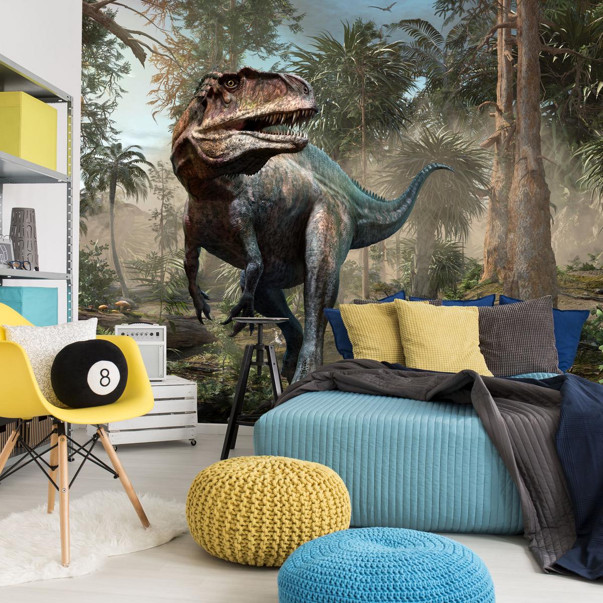 FOTOTAPETE für Jugendzimmer Realistischer Dinosaurier Dschungel Palmen 500x350 - Beige/Schwarz, Papier (500/350cm) - Muralo