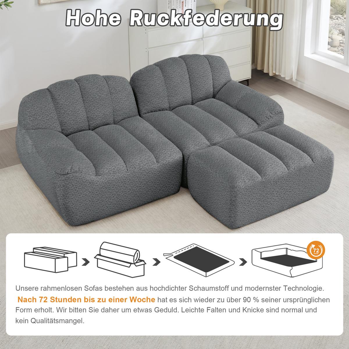 ECKSOFA aus granuliertem Fleece, frameless Lounge-Design ohne Montage - Grau, Textil (210/165cm) - Urban Meuble