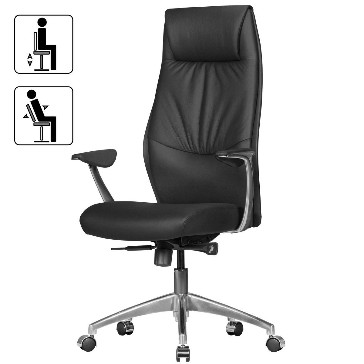 BÜROSTUHL Echtleder mit Synchronmechanik, Kopfstütze und hoher Rückenlehne, Schwarz 67x58x125 cm - Silberfarben/Schwarz, Leder/Metall (67/125/58cm) - KADIMA DESIGN