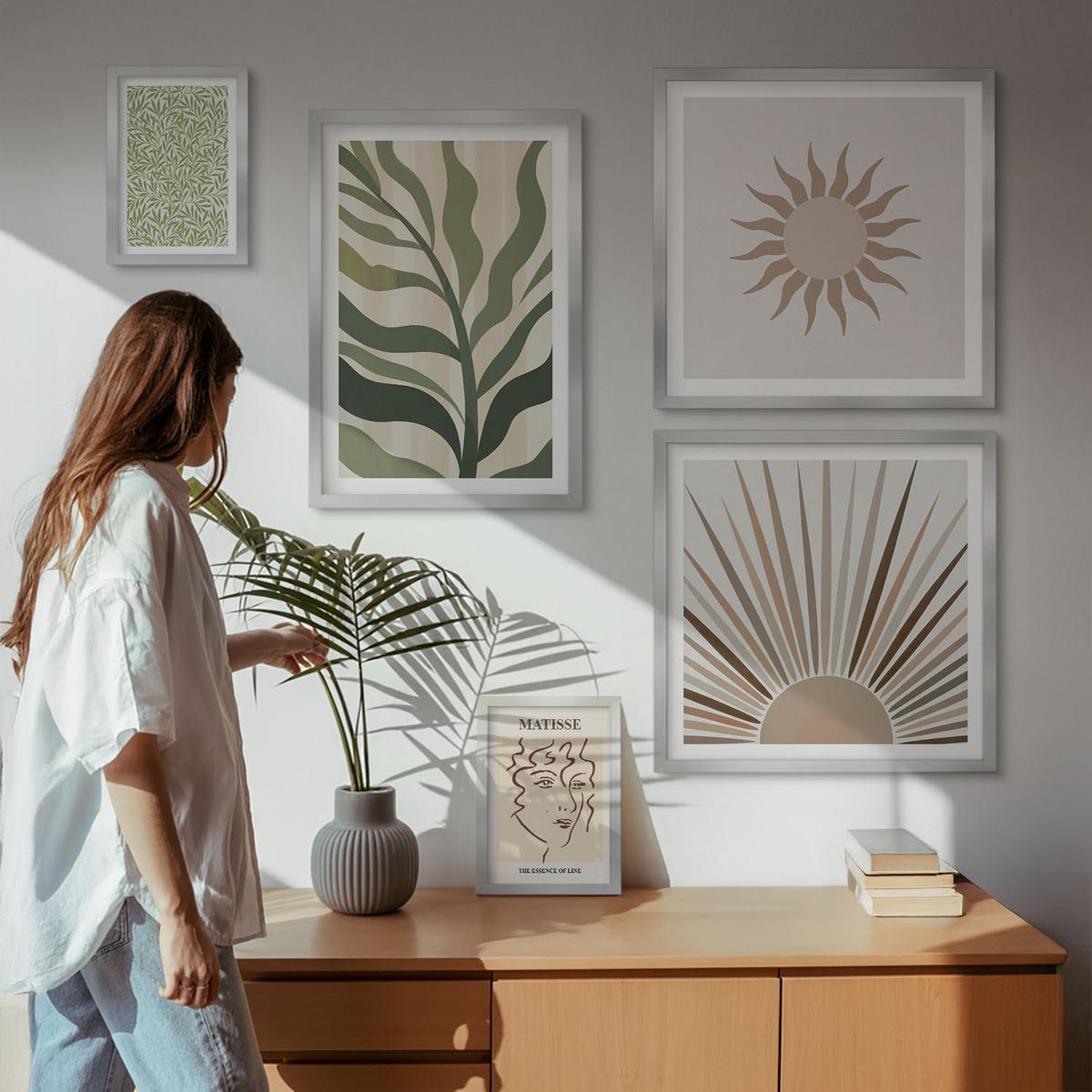 BILDER SET 5er Set - 50x50 cm & 20x30 cm & 40x60 cm Silberner Rahmen - Abstrakte Pflanzenmuster - Silberfarben, Kunststoff (40/60cm) - TULUP