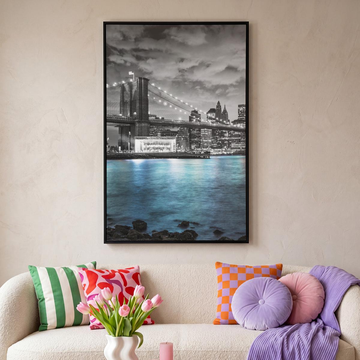 LEINWAND Bilder mit Rahmen - New York - Skyline - Stadt - Blau - 100x150 - Blaugrau, Textil (100/150cm) - MuchoWow