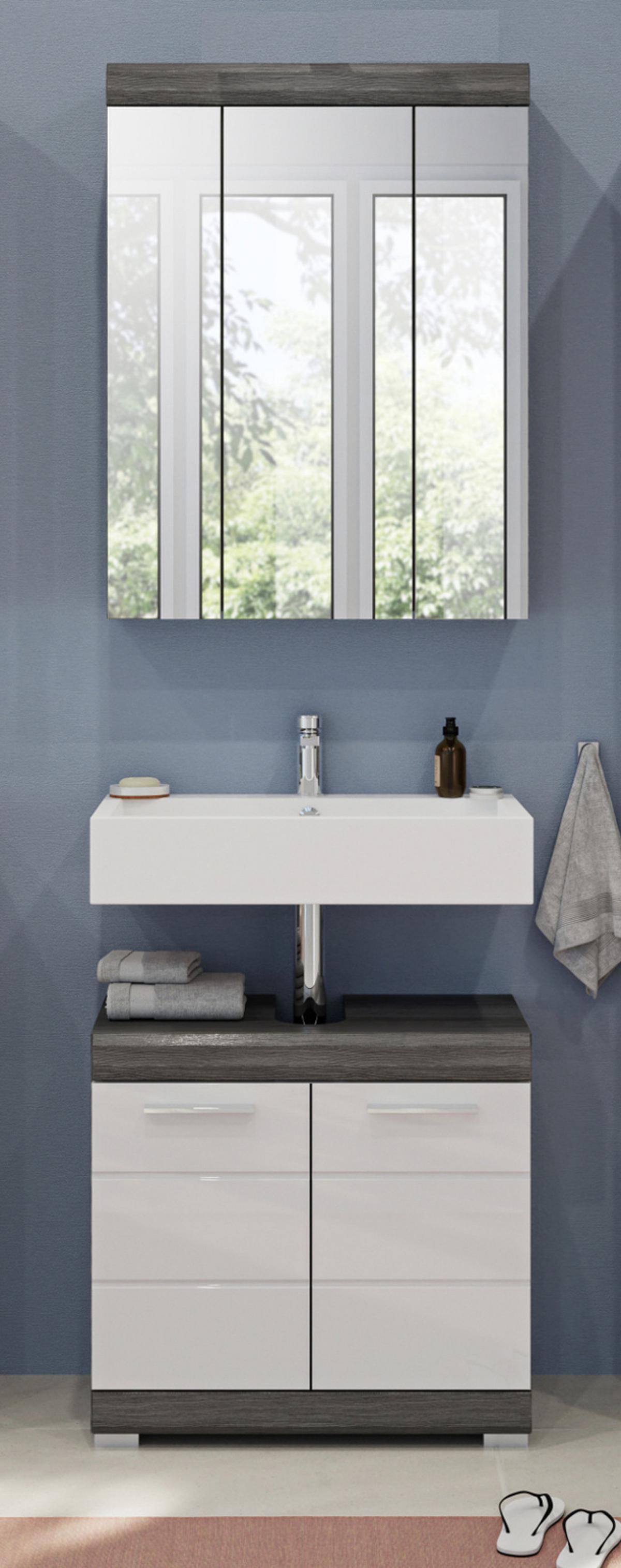 BADMÖBEL-SET weiß Hochglanz, grau 2-teilig 60 cm, Badkombination viel Stauraum - Weiß Hochglanz/Silberfarben, Glas/Holzwerkstoff (60/191/34cm) - Inn.Furn