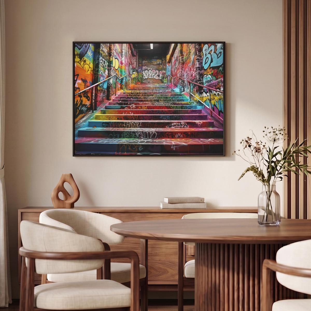 LEINWAND Bilder mit Rahmen - Treppe - Graffiti - Farben - Kunst - 100x70 - Multicolor, Textil (100/70cm) - MuchoWow