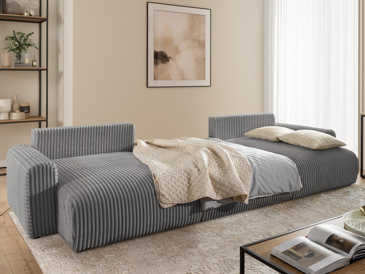 WOHNLANDSCHAFT Calma mit Schlaffunktion und Bettkasten im Bumpy-Design aus weichem Grau Plüschcord - Beige/Schwarz, Holz/Textil (336/88/140cm) - S-Style