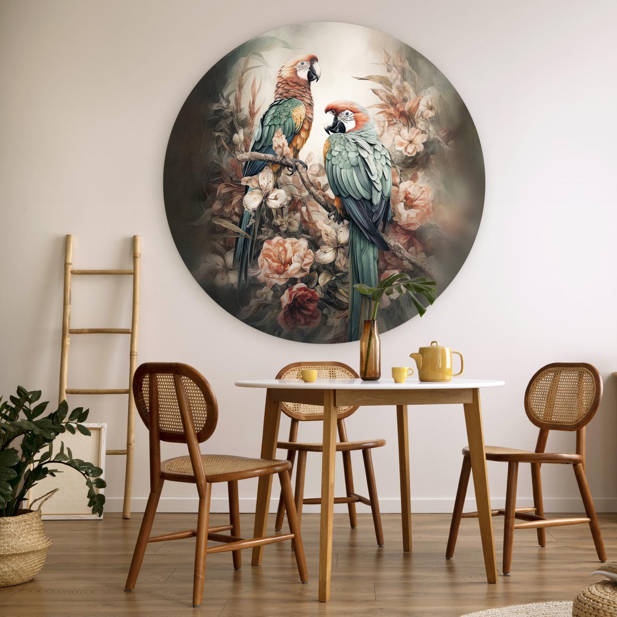 WANDBILD Papageien - Vögel - Natur - Blumen Deko Groß 150x150 cm - Baltimorefarben, Kunststoff (150/150cm) - MuchoWow