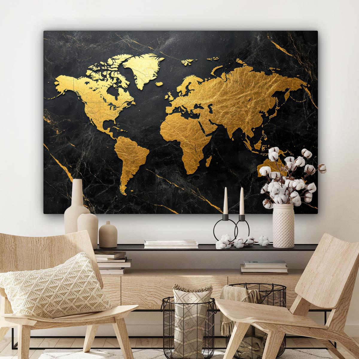LEINWANDBILD Weltkarte - Gold - Marmor Groß 140x90 cm - Goldfarben, Textil (140/90cm) - MuchoWow