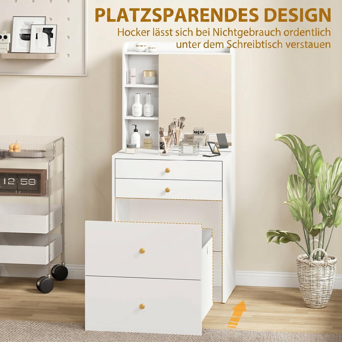 SCHMINKTISCH-SET Leinen Spanplatte Weiß - Weiß, Holzwerkstoff/Textil (40/132.5/60cm) - HOMCOM