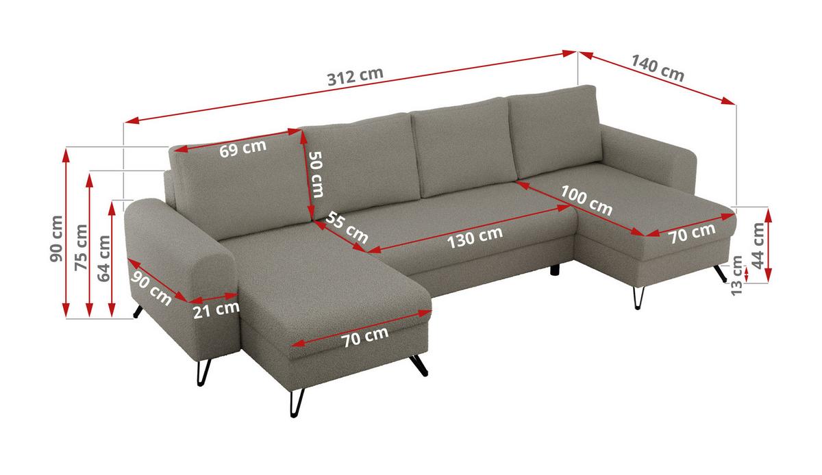 WOHNLANDSCHAFT AXEL U Boucle Hellgrau - Hellgrau/Schwarz, Textil/Metall (312/90/140cm) - MKS