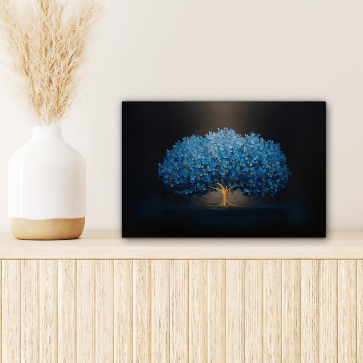LEINWANDBILD Baum - Blau - Blätter - Pinselstriche Deko Schlafzimmer 30x20 cm - Blau, Textil (30/20cm) - MuchoWow