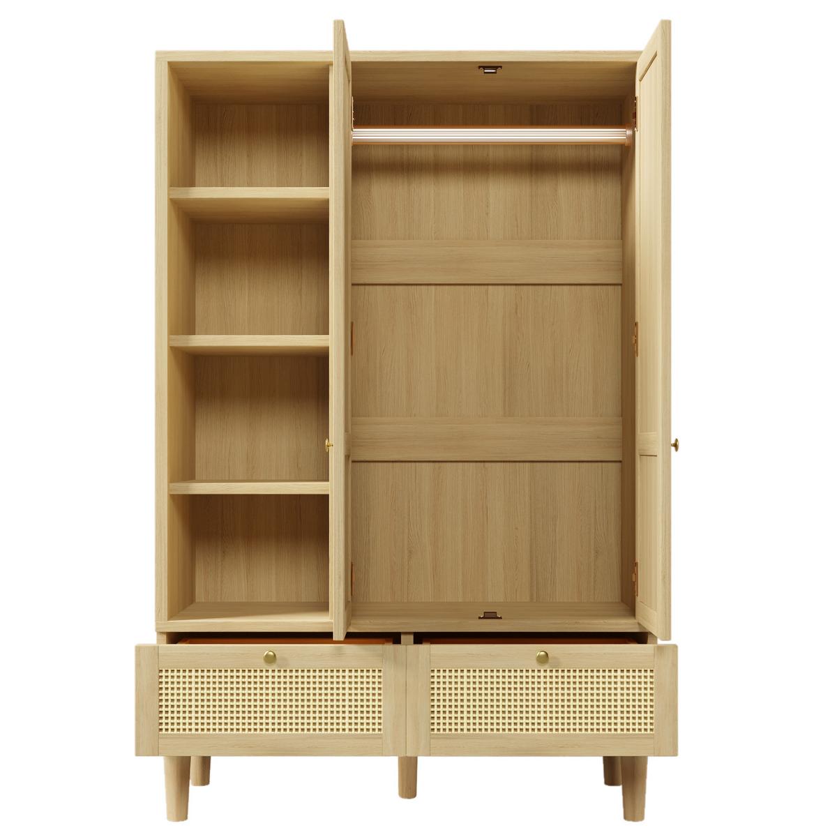 KLEIDERSCHRANK in eichenoptik mit rattan, offene regale, 2 schubladen und kleiderstange - Eichefarben, Holz (120/180/50cm) - Urban Meuble