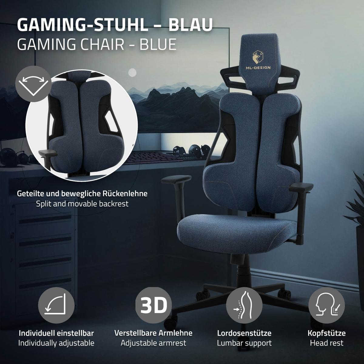 GAMINGSTUHL mit Stoffbezug in Blau Individuell Einstellbar - Blau/Schwarz, Kunststoff/Textil (69/142/68cm) - ML-DESIGN