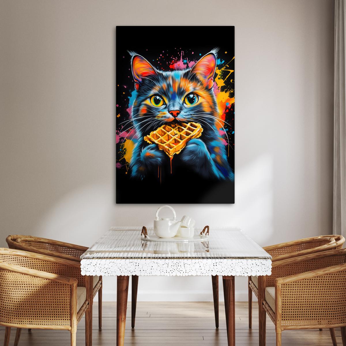 LEINWANDBILD Katze - Graffiti - Bunt - Waffel - Essen Deko XXL 80x120 cm - Türkis, Textil (80/120cm) - MuchoWow