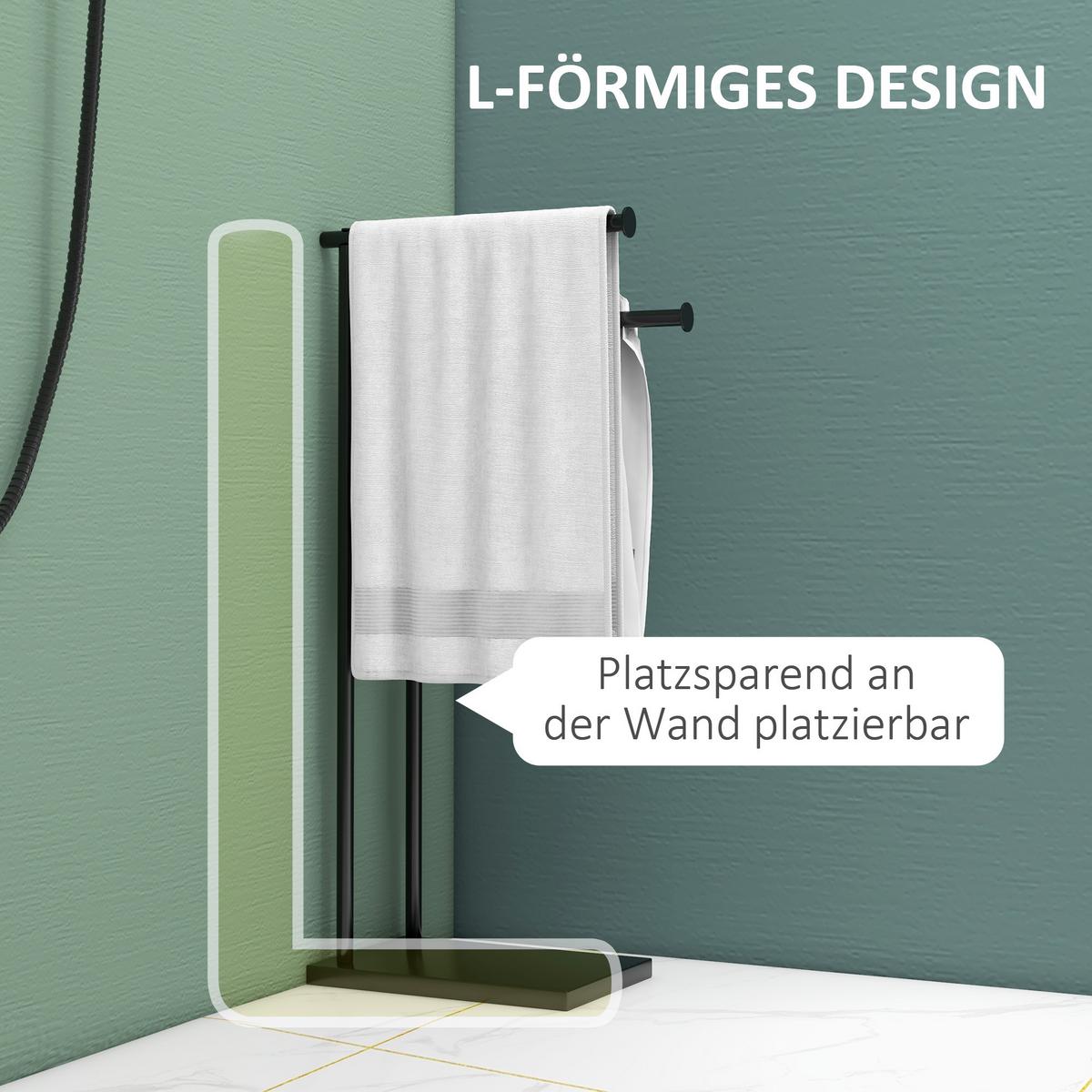 HOMCOM Freistehender Stahl-Handtuchhalter – 2-Stangen-Organizer, platzsparend, 35,5B x 20T x 78H cm – Schwarz - Schwarz, Metall (20/78/35.5cm) - HOMCOM