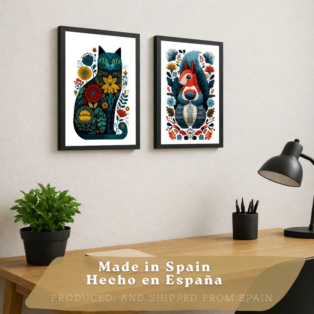 POSTER 2er-Set moderne Kunstdrucke im Folk-Stil, Katzen- und Eichhörnchen-Dekorationsbilder, farbenfrohe Blumenposter für Wohnzimmer Rahmenlos A4 - Klar, Papier (29.7/21/3cm) - Nacnic