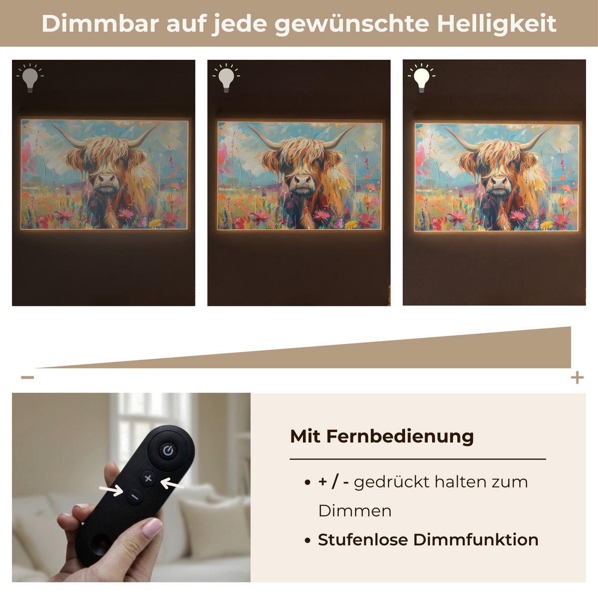 WANDLEUCHTE MIT AKKU Schottische Hochländer - Natur - Farbenfroh - Blumen 100x70 cm - Multicolor, Holzwerkstoff (100/70/8cm) - OnlyWow