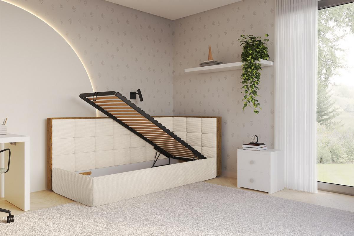 EINZELLBETT Jugendbett mit Bettkasten und Matratze H3/H4, Links - SOVY 90x200 Beige - Creme, Holzwerkstoff/Textil (90/200cm) - ALTDECOR