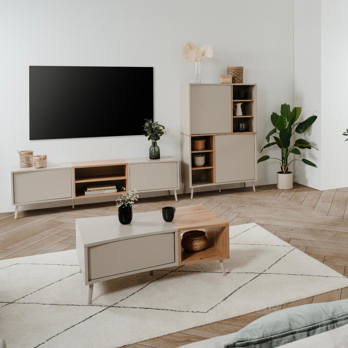 SIDEBOARD hoch mit 2 Türen, 6 Nischen, Dekor in Sand und Eiche, handwerklich gefertigt 37,5/90/140 cm - Beige, Holzwerkstoff (37.5/140/90cm) - Calicosy