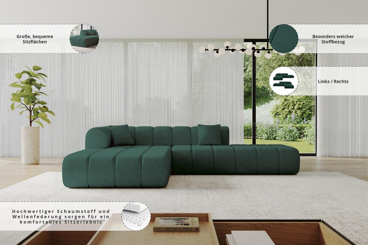 ECKSOFA Ottomane Links BILA-L 289x176x71 Grün Samt - Jadegrün/Schwarz, Holzwerkstoff/Kunststoff (176/289cm) - ALTDECOR