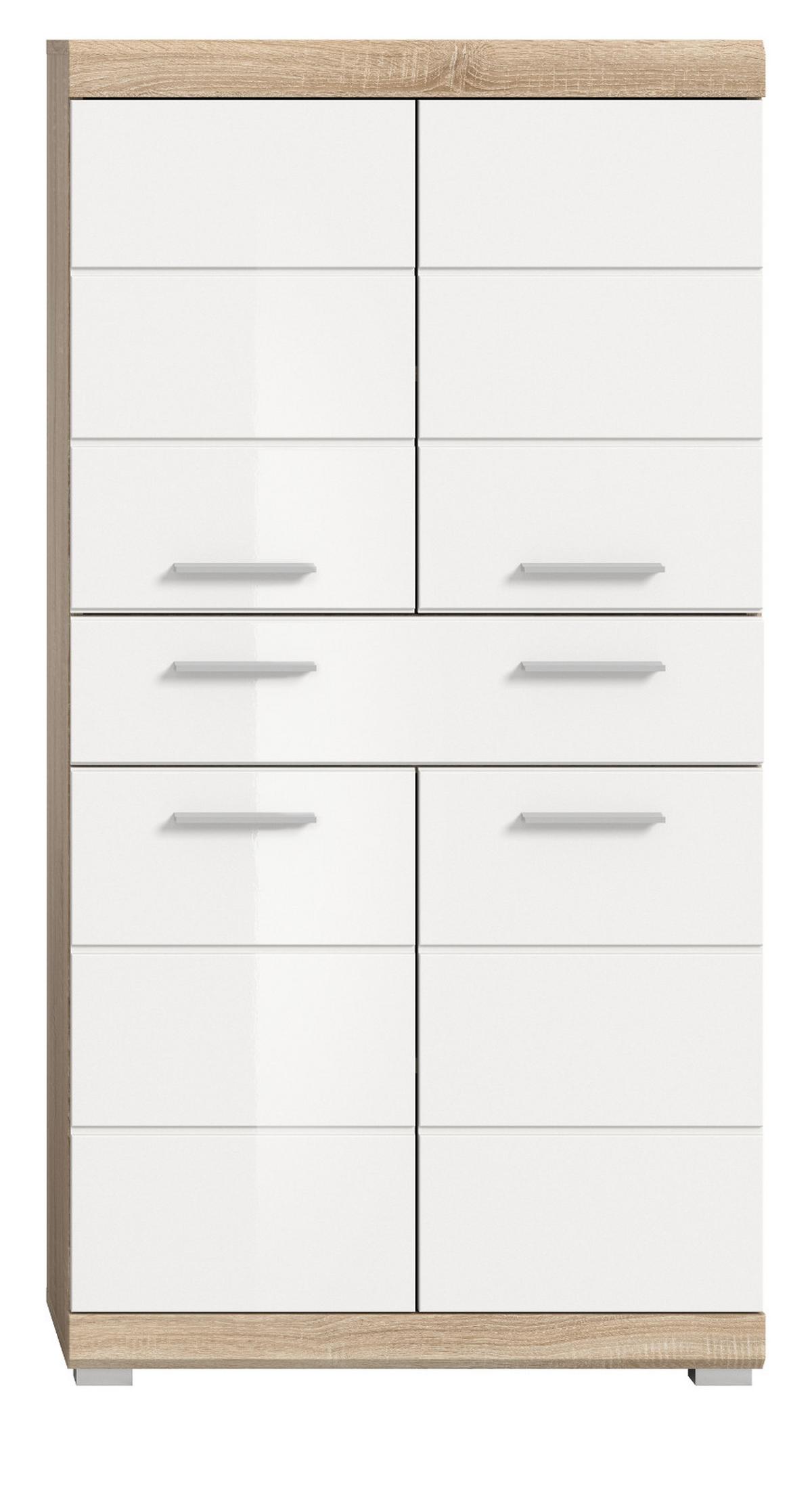MIDISCHRANK weiß Hochglanz, Eiche 74 x 141 cm, Badschrank 4-türig mit Vollauszug - Weiß Hochglanz/Eichefarben, Holzwerkstoff/Kunststoff (74/141/31cm) - Inn.Furn
