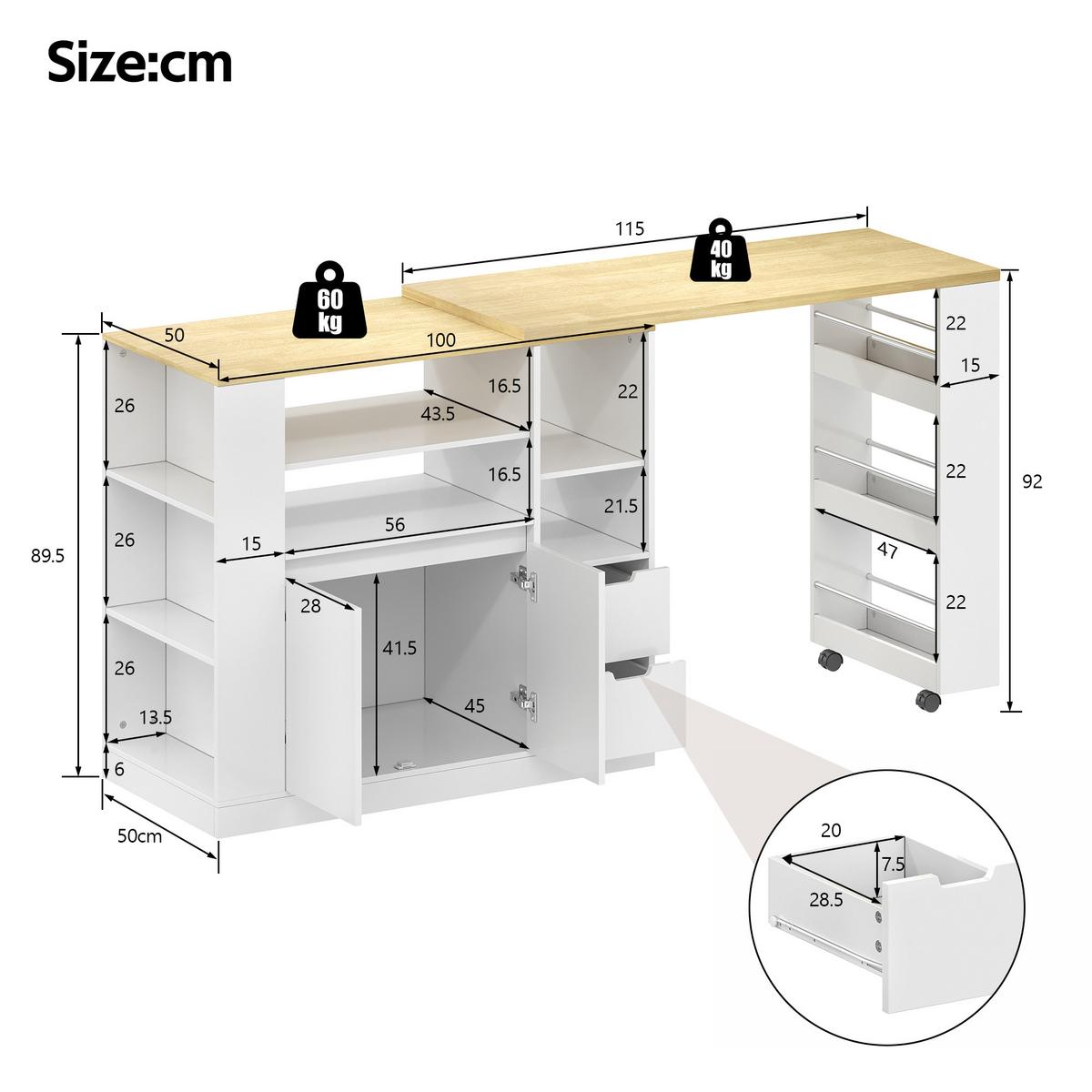 BARTISCH kücheninsel ausziehbar holzoptik stauraum - Weiß, Holzwerkstoff (50/115/92cm) - Urban Meuble