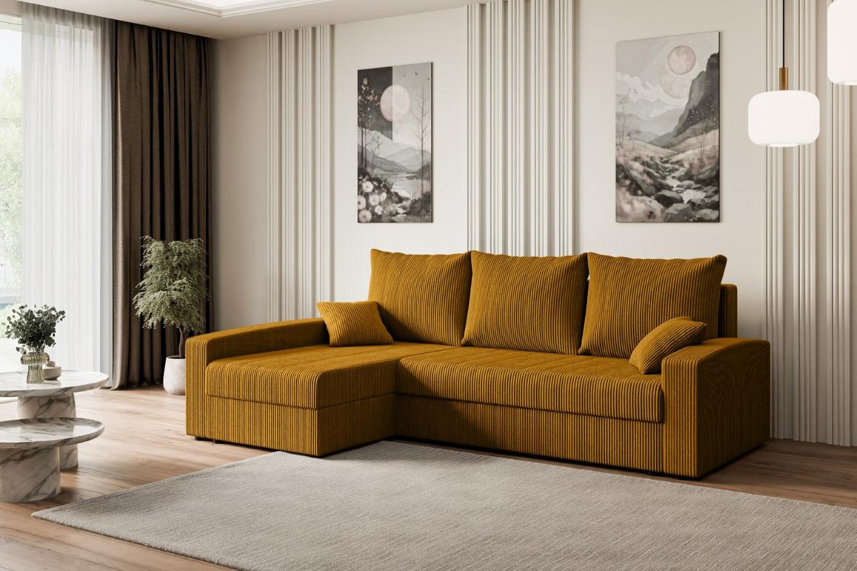ECKSOFA mit Schlaffunktion und Bettkasten ALESIA-L 231x140x90 cm Senfgelb Cord - Gelb/Silberfarben, Holzwerkstoff/Kunststoff (231/140cm) - ALTDECOR