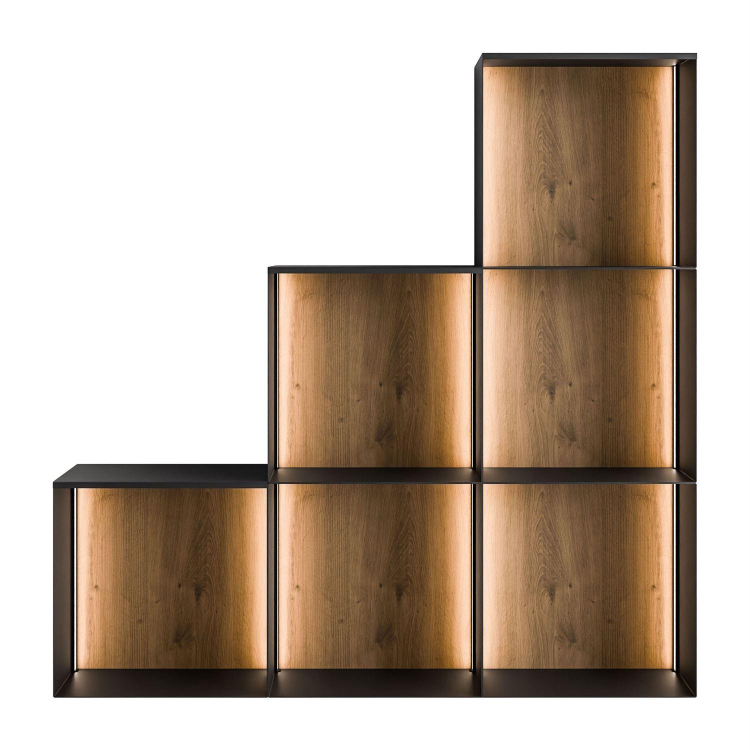 METALLREGAL QUADRO V mit LED-Beleuchtung - Schwarz/Eiche Artisan, Holzwerkstoff (99/99/20cm) - Lookway
