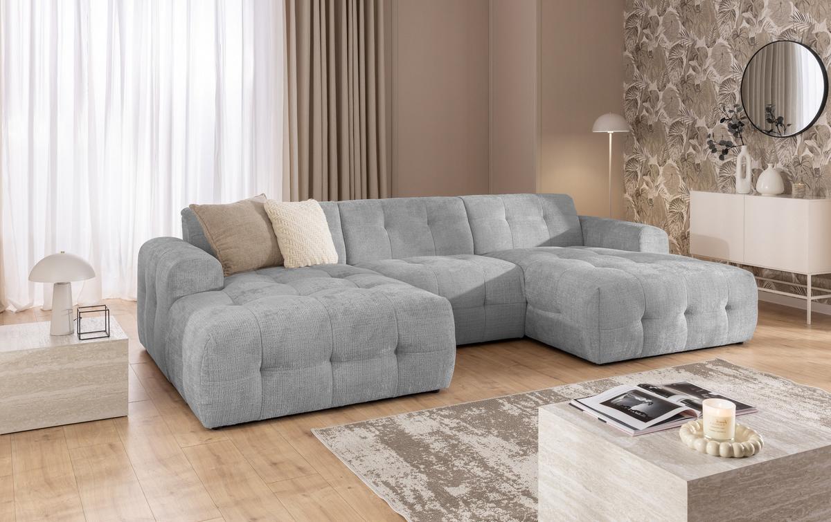 WOHNLANDSCHAFT in U-Form mit raffinierten Steppungen, 6-Sitzer, Wellenunterfederung, B323/T161/H79 cm, Chenille-Bezug in Hellgrau / 21051 - Hellgrau/Schwarz, Kunststoff/Textil (323/79/161cm) - luma-home
