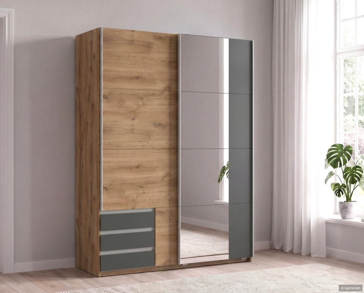 SCHWEBETÜRENSCHRANK 2-türig B135/H198/T65 cm, Kleiderschrank in Eiche Dekor mit Spiegel, 1x Tür & sichtbare Schubkästen in Grafit / 22678 - Eichefarben/Graphitfarben, Holz/Holzwerkstoff (135/198/65cm) - luma-home