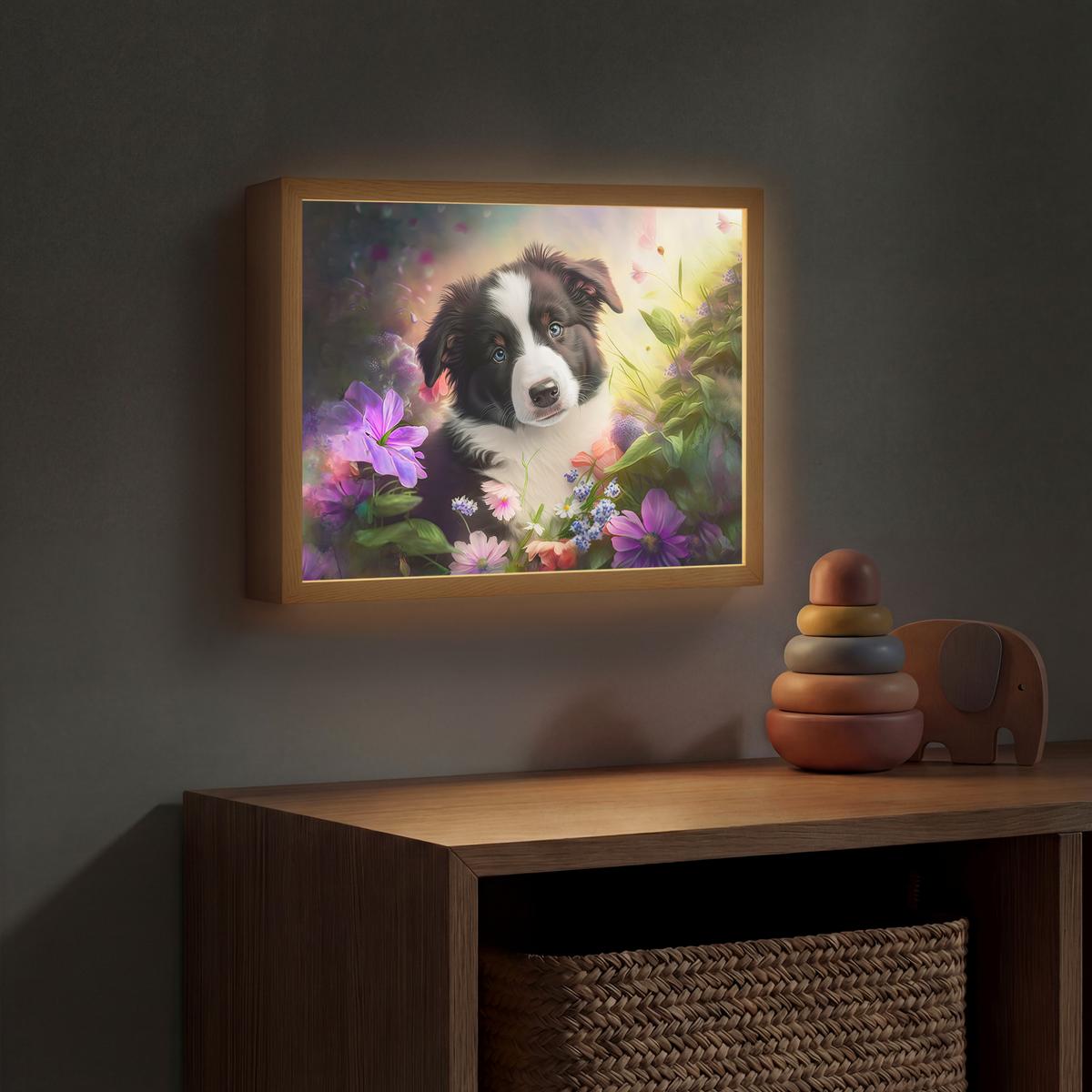WANDLEUCHTE MIT AKKU Welpe - Sonne - Blumen - Natur - Border Collie - Hund 40x30 cm - Violett, Holzwerkstoff (40/30/8cm) - OnlyWow