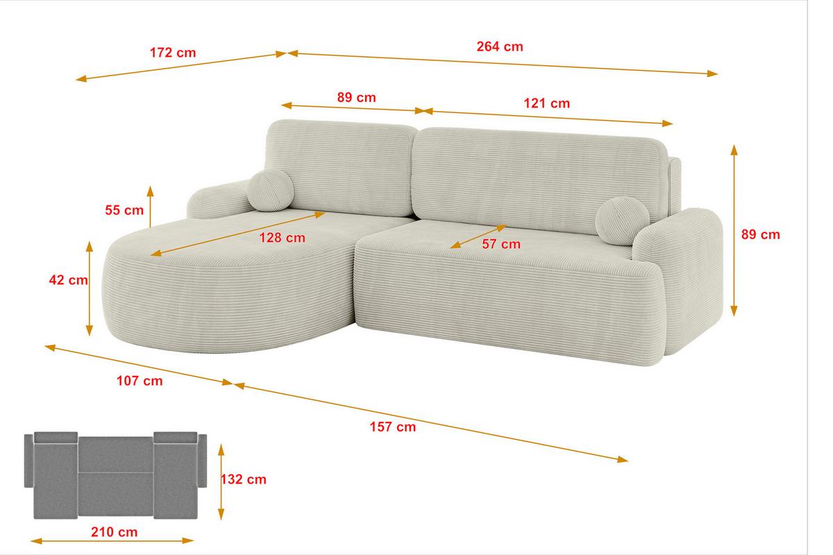 ECKSOFA mit Schlaffunktion und Bettkasten LIRA-L - 264x172x89 Hellgrau - Creme, Holzwerkstoff/Textil (264/172cm) - ALTDECOR