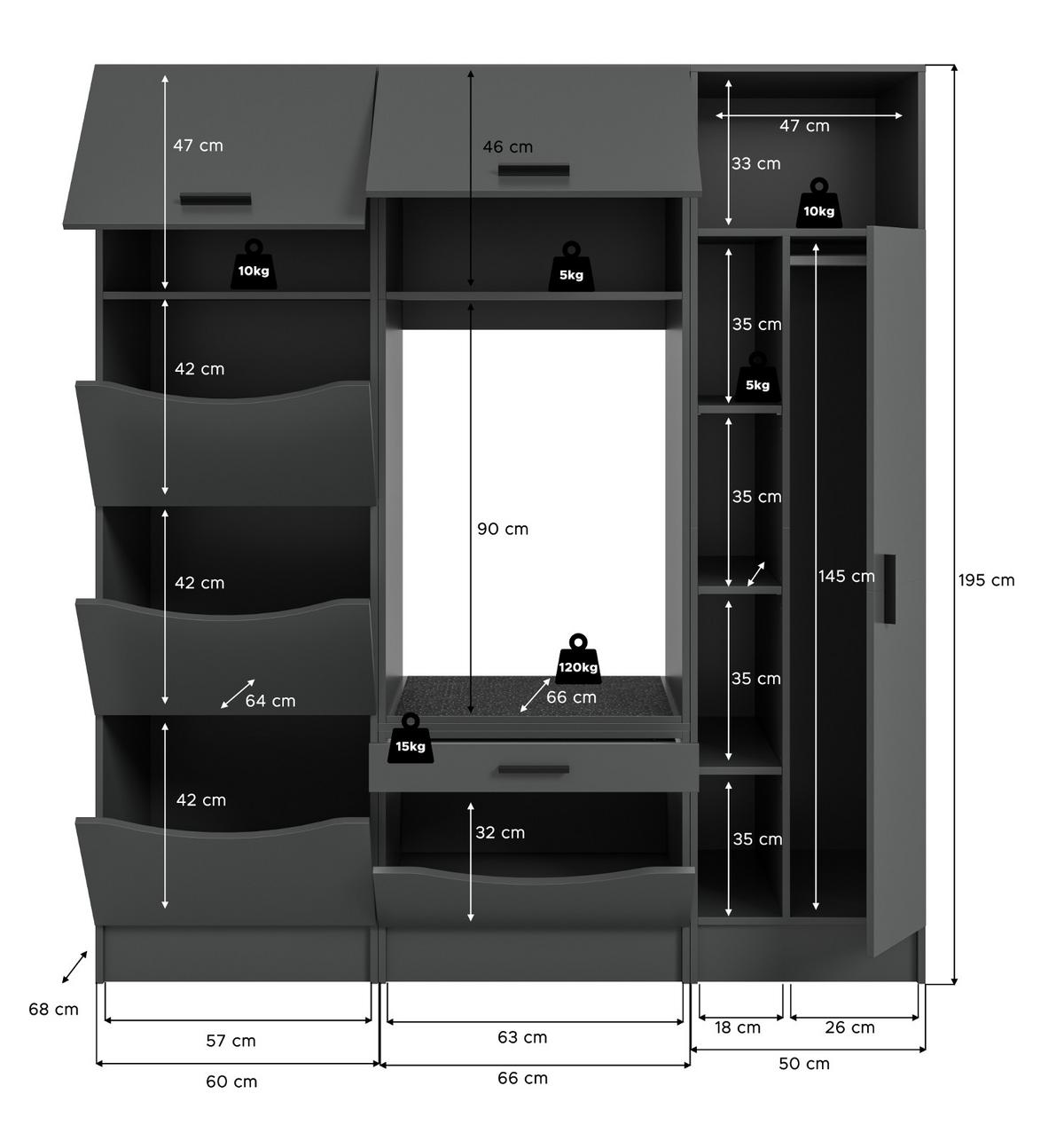 WASCHMASCHINENSCHRANK in grau Set 3-teilig 176 x 196 cm, modernes Design - Schwarz/Grau, Holzwerkstoff/Kunststoff (176/196/68cm) - Inn.Furn
