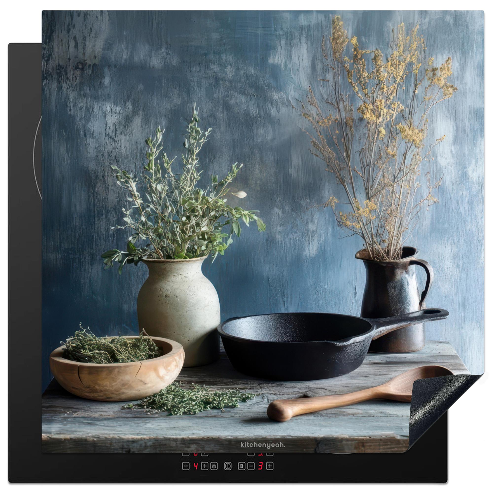 HERDABDECKPLATTE Stilleben - Kräuter - Rustikal Induktionsmatte 78x78 cm - Blaugrau, Kunststoff (78/78/0.2cm) - MuchoWow
