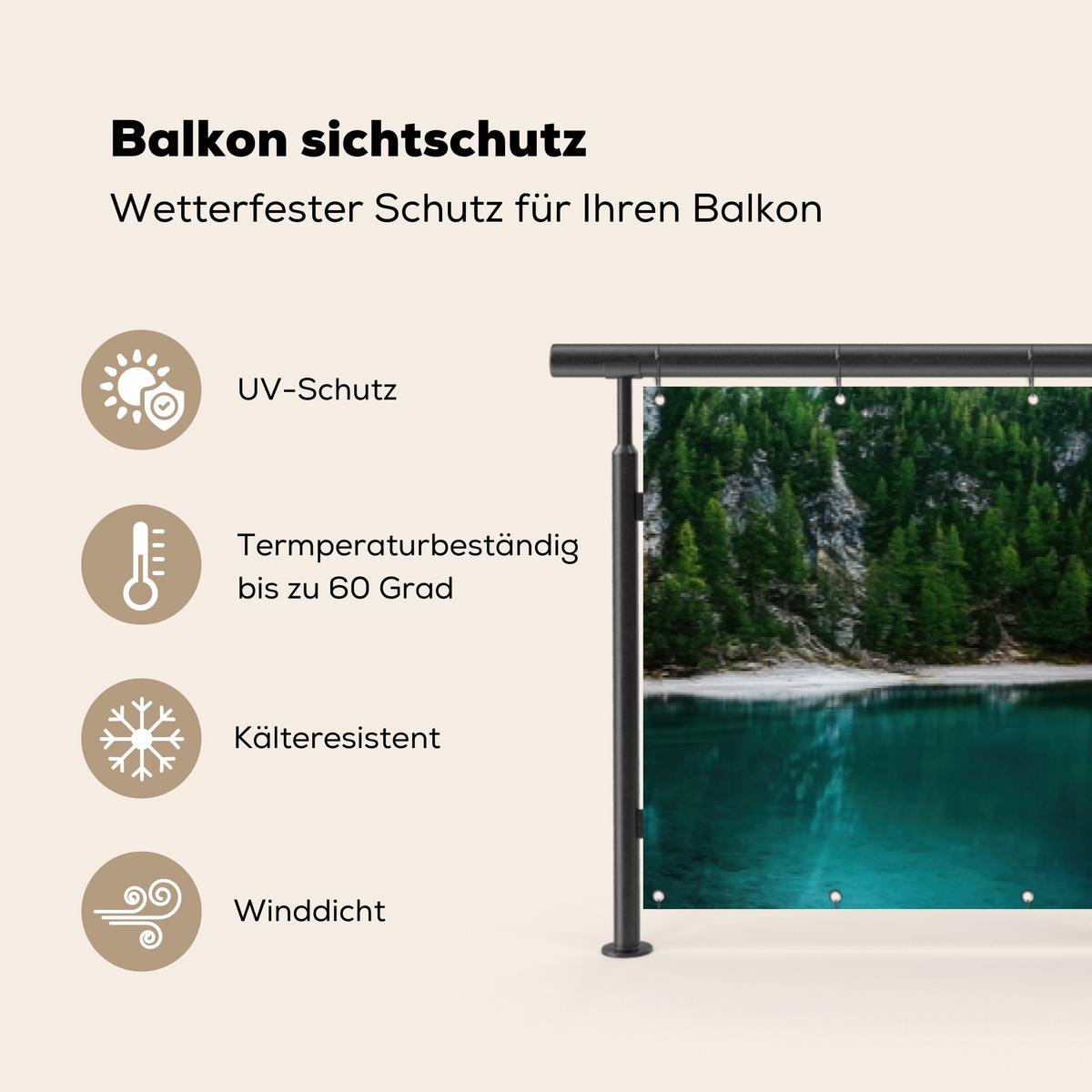BALKON-SICHTSCHUTZ See - Berge - Sonnenuntergang - Boot Groß 500x80 cm - Petrol, Kunststoff (500/80cm) - MuchoWow