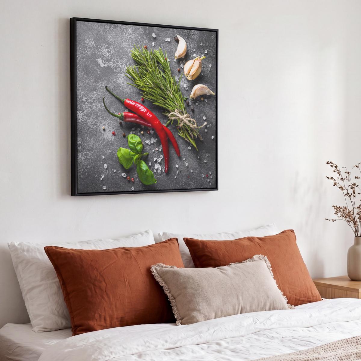 LEINWAND Bilder mit Rahmen - Pfeffer - Kräuter - Gewürze - Beton - 50x50 - Dunkelgrau, Textil (50/50cm) - MuchoWow