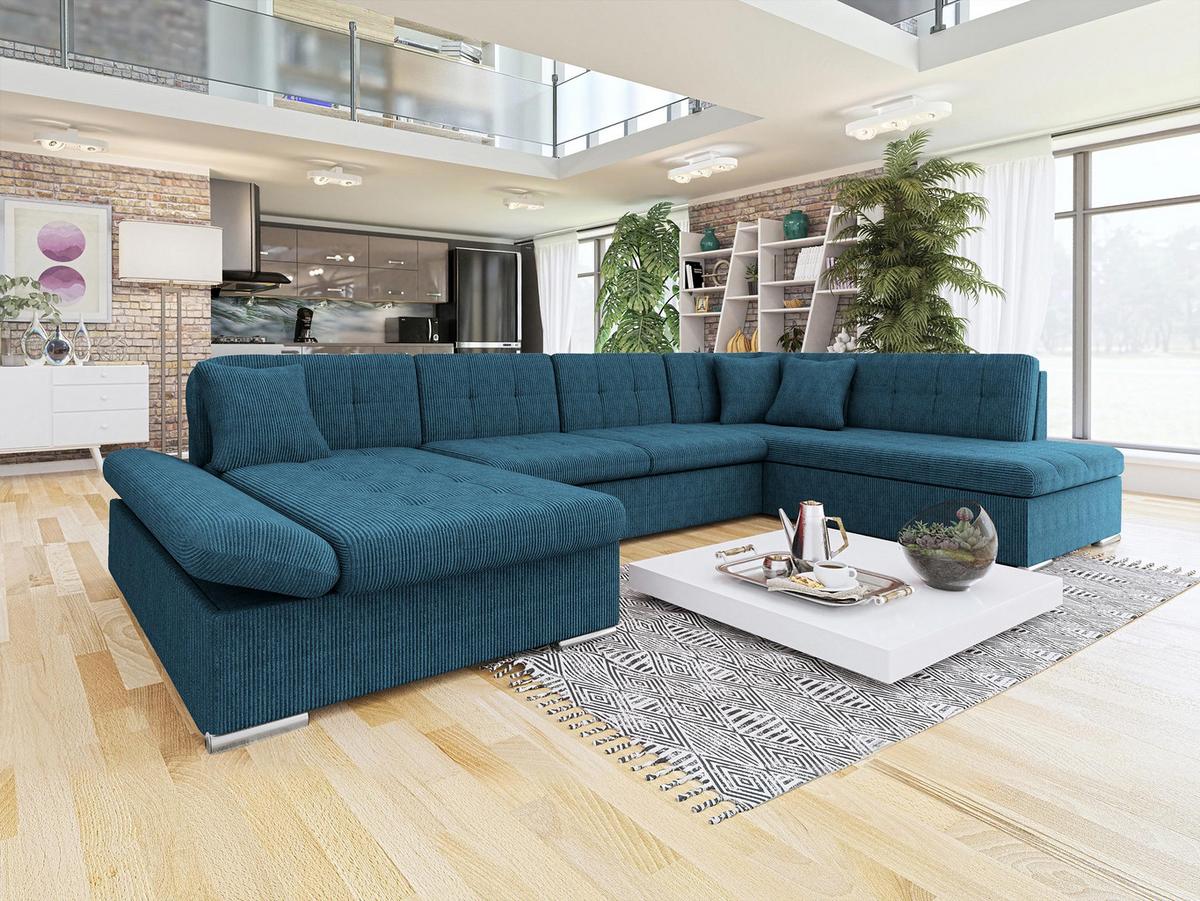 WOHNLANDSCHAFT Bergen Cord, Seite: Links - Blau/Silberfarben, Holz/Textil (345/76/205cm) - MIRJAN24