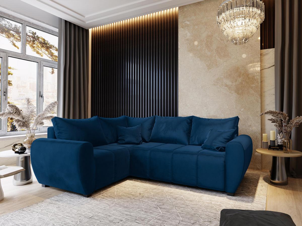 ECKSOFA MADISON L L-S Blau Plüsch-Stoff mit Schlaffunktion - Blau/Schwarz, Holz/Kunststoff (235/175cm) - MASSENO