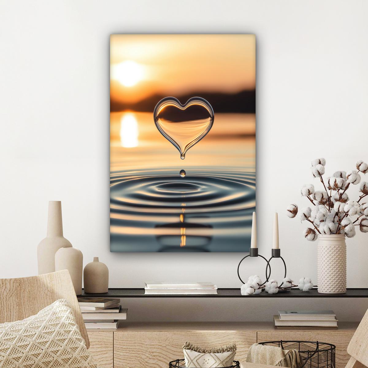 LEINWANDBILD Herz - Wasser - Sonnenuntergang - Natur - Zen Wanddeko Schlafzimmer 60x90 cm - Bernsteinfarben, Textil (60/90cm) - MuchoWow