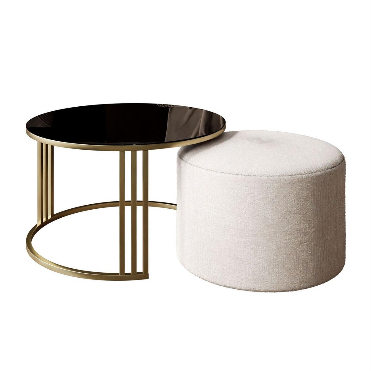 COUCHTISCH mit Hocker LORI GLASS gebürstetes Gold/schwarzes Glas/Perfect Harmony 01 - Weiß, Metall (70/70/49cm) - Lookway